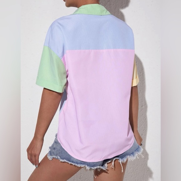 BRAND NEW! Striped Colorblock Drop Shoulder Patch Pocket Shirt; Medium/6 - Picture 3 of 6